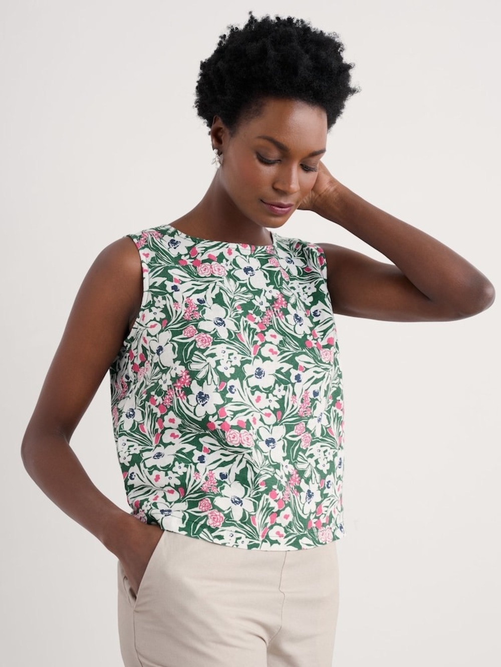 Seasalt Cornwall Color Study 100% Linen Green White Floral Top Boatneck Size 8 - Picture 11 of 12